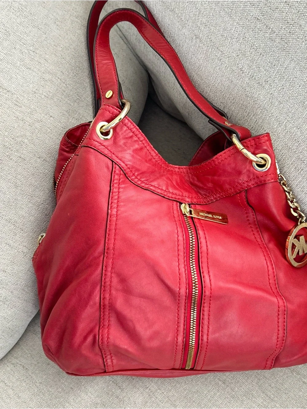 Michael Kors Red Leather Hobo Shoulder Bag with Gold Accents